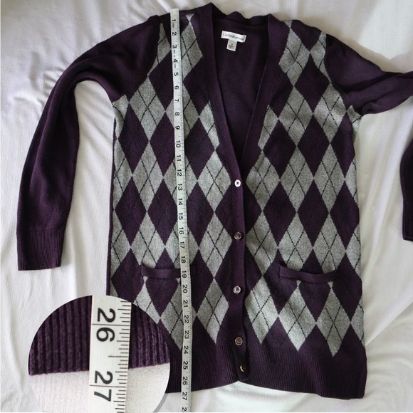 Croft & Barrow Argyle Button Up Cardigan - Dark Purple & Grey - Size S - Picture 5 of 15